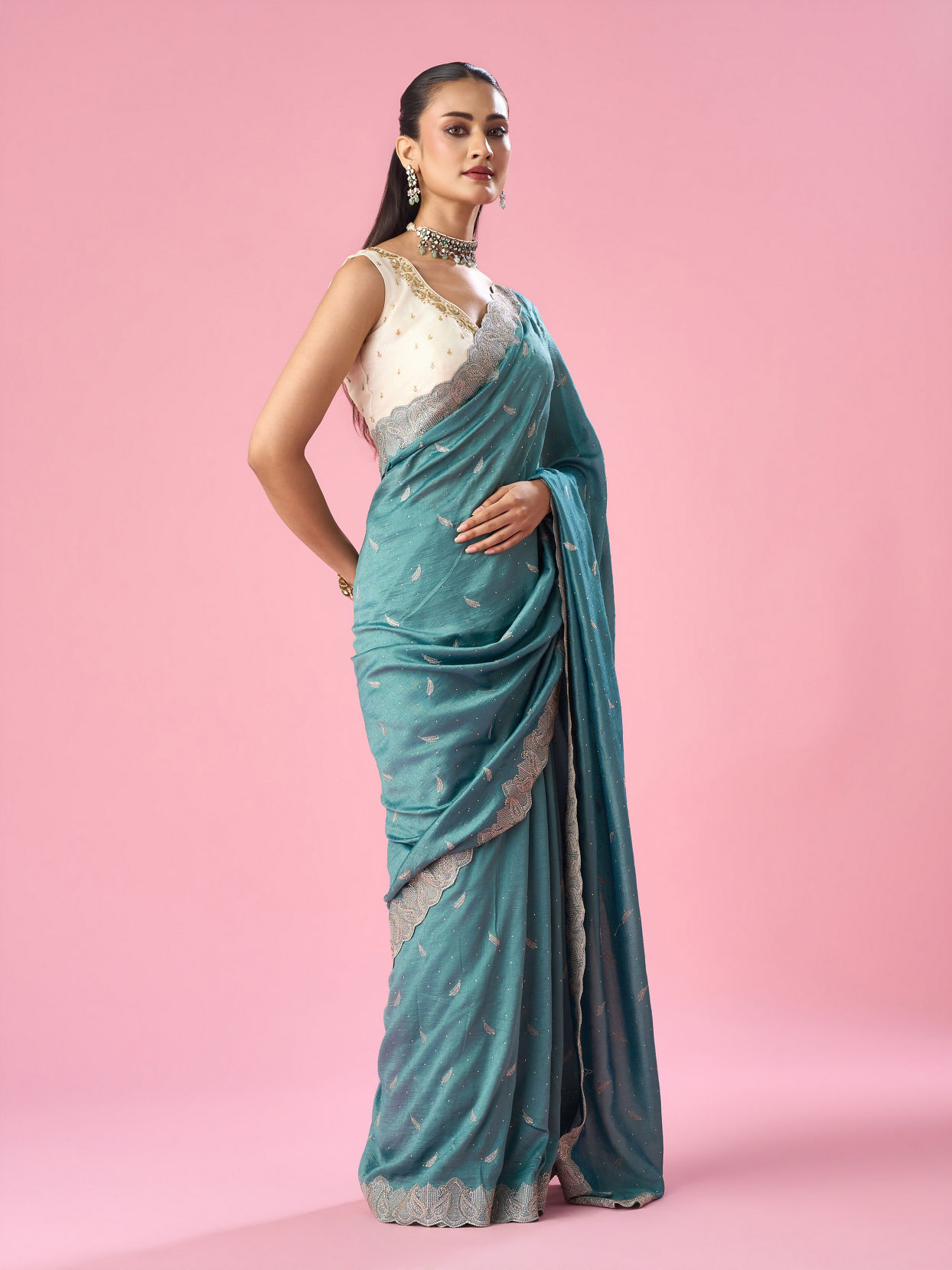 Mohey Women Sea Green Art Silk Saree with Stone Work