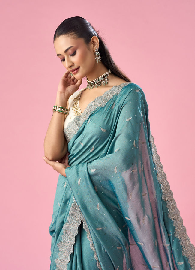 Mohey Women Sea Green Art Silk Saree with Stone Work