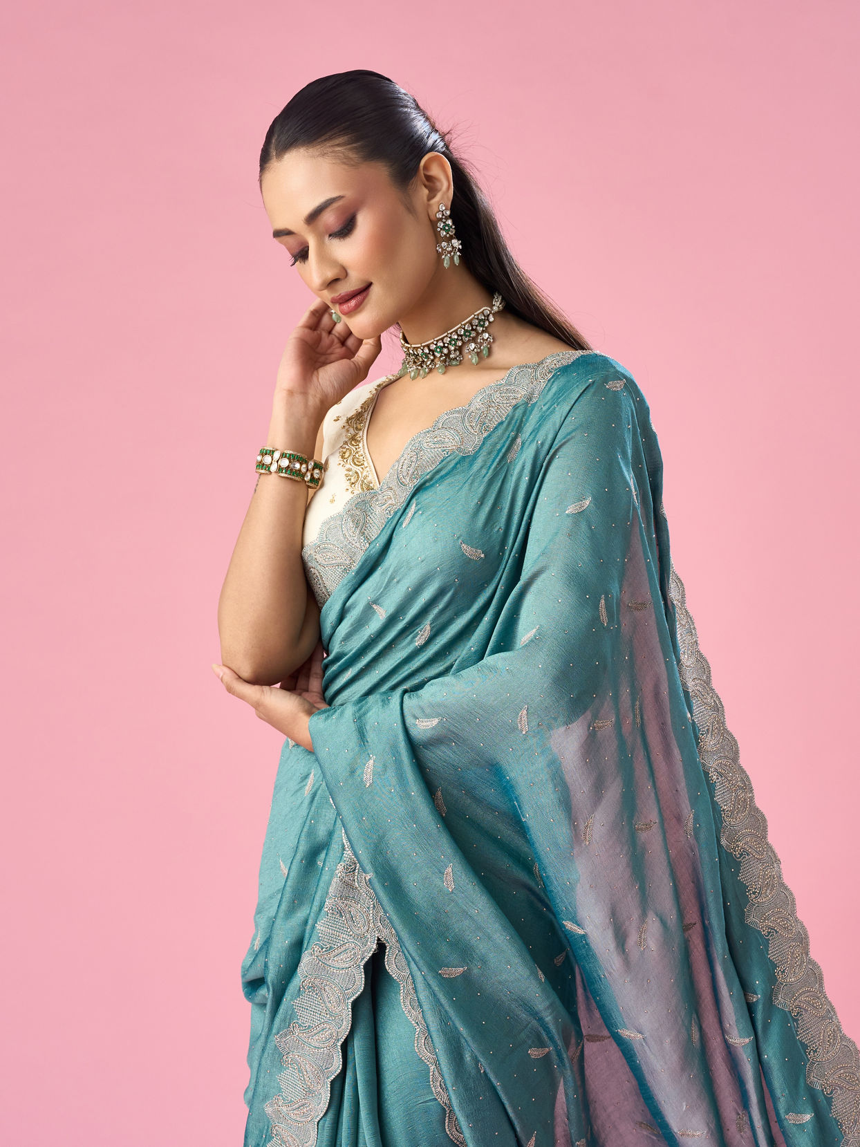 Mohey Women Sea Green Art Silk Saree with Stone Work