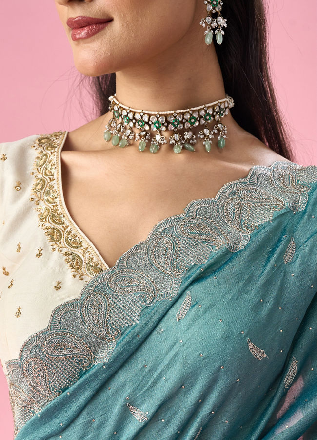 Mohey Women Sea Green Art Silk Saree with Stone Work