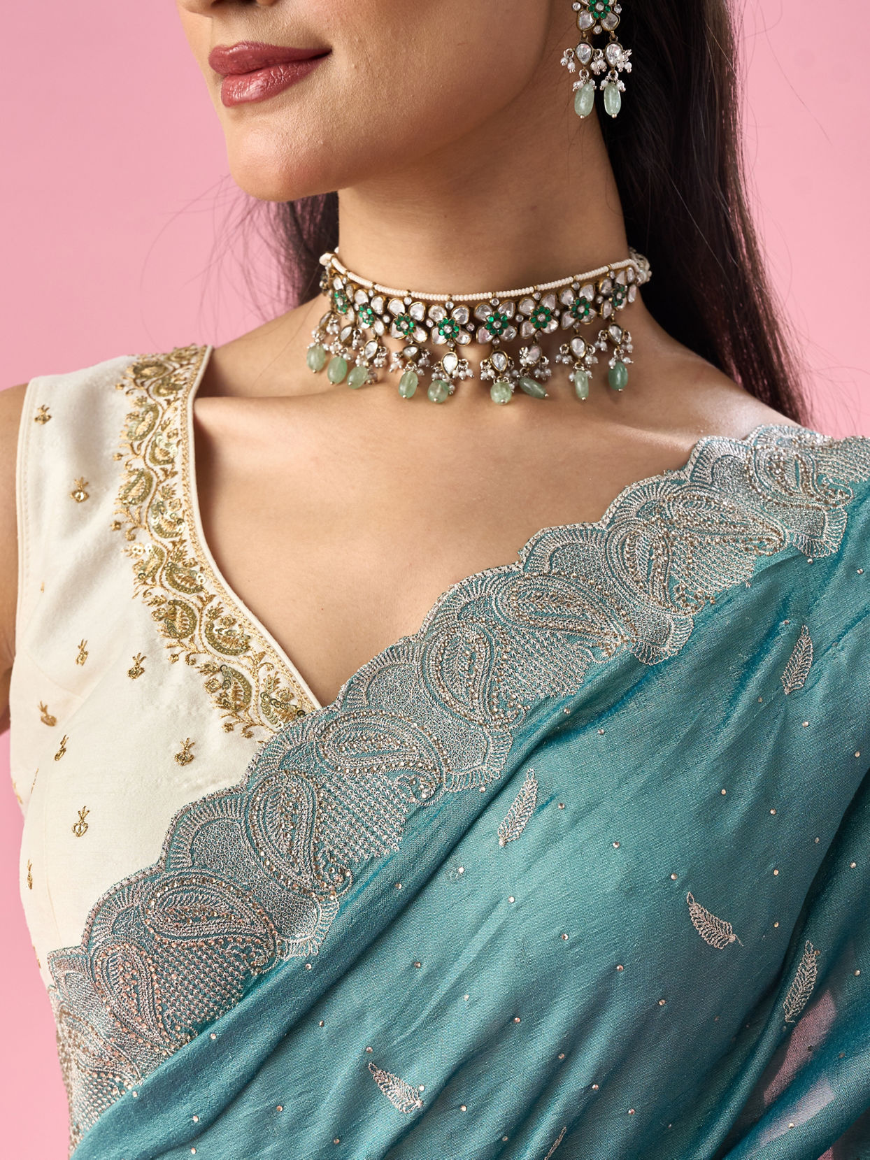 Mohey Women Sea Green Art Silk Saree with Stone Work