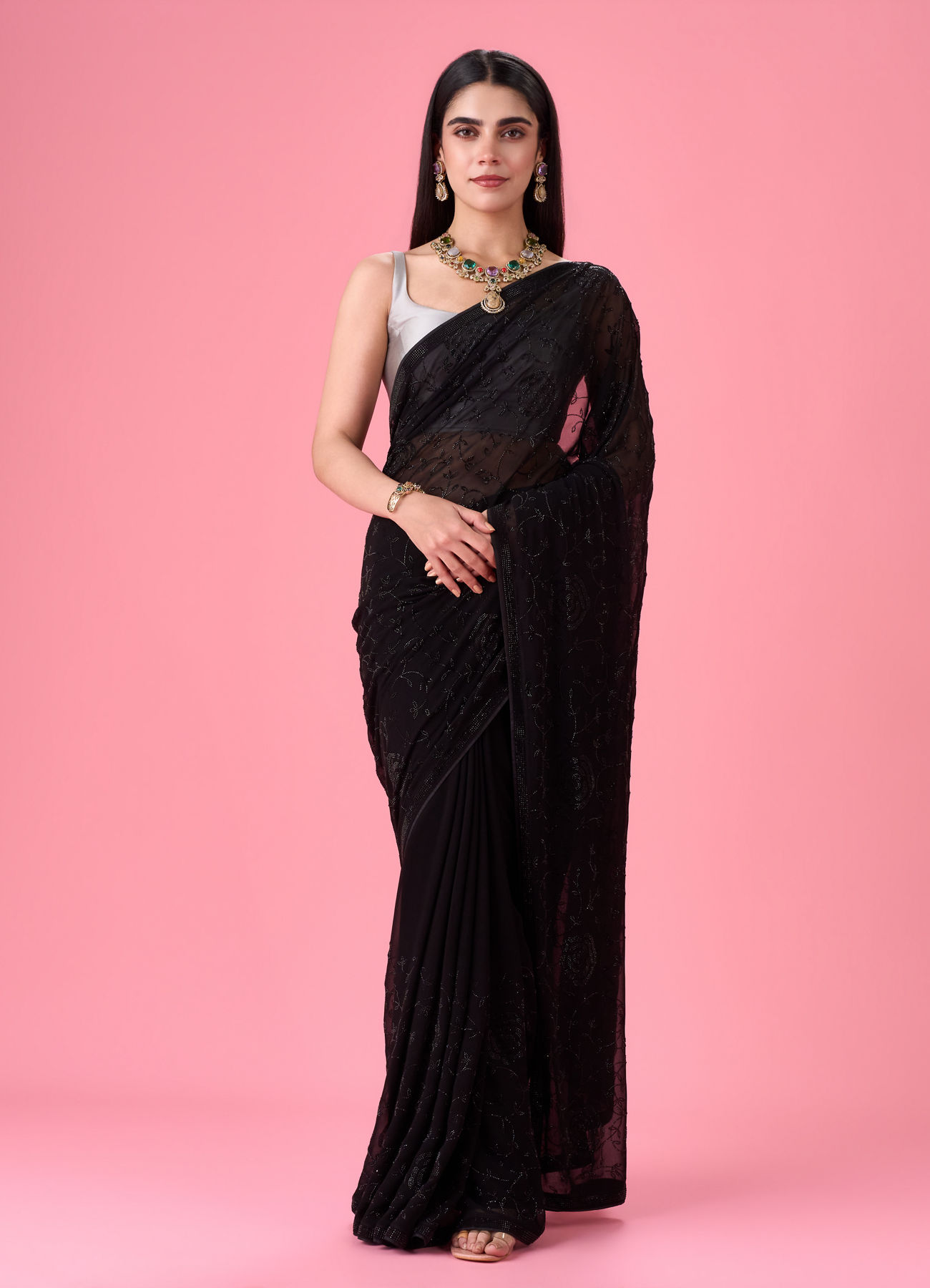 Mohey Women Elegant Black Georgette Saree