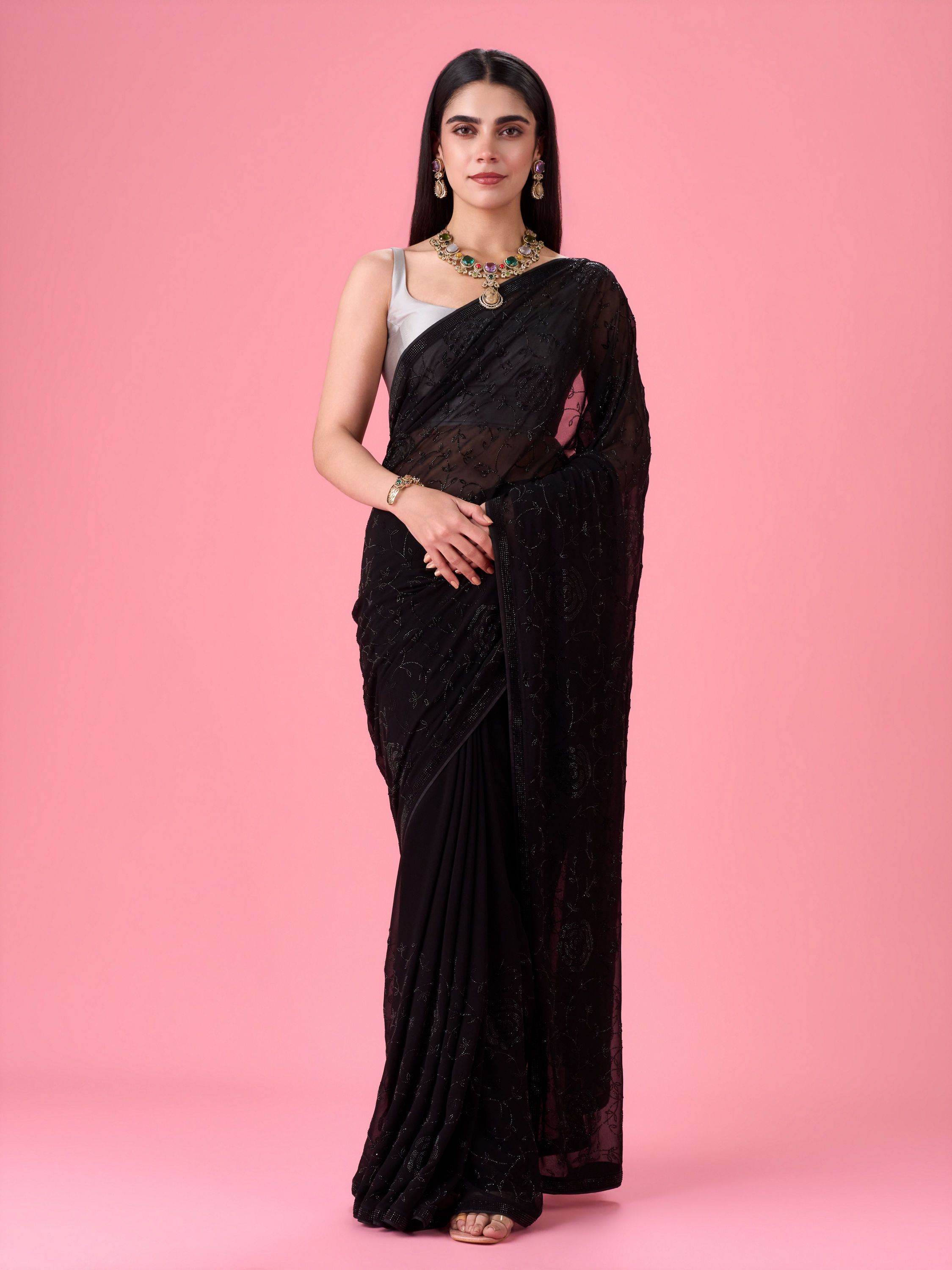 Mohey Women Elegant Black Georgette Saree
