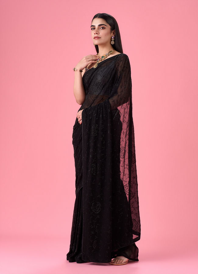 Mohey Women Elegant Black Georgette Saree