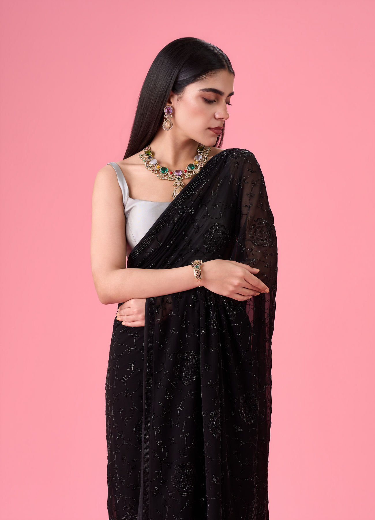 Mohey Women Elegant Black Georgette Saree