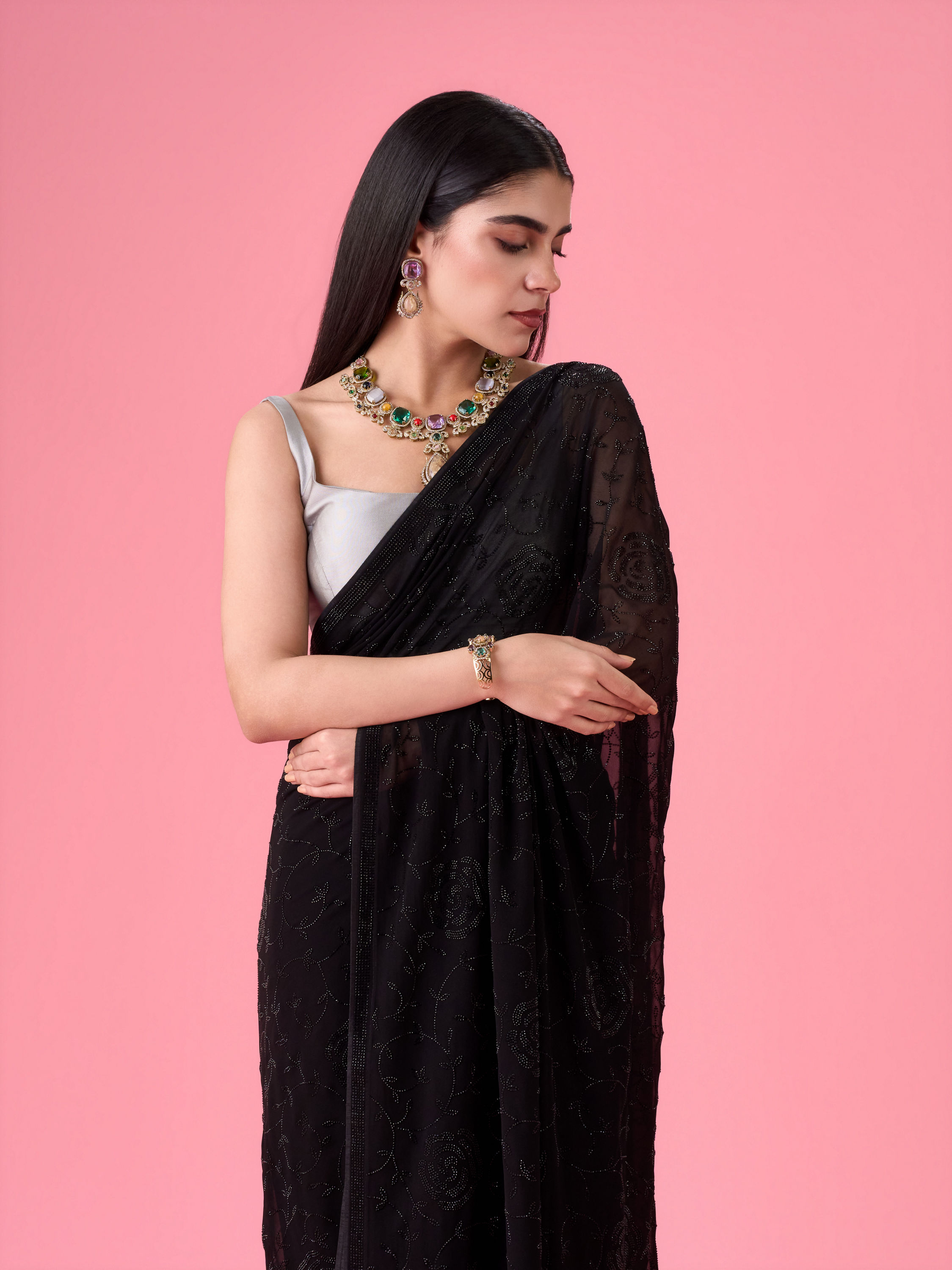 Mohey Women Elegant Black Georgette Saree