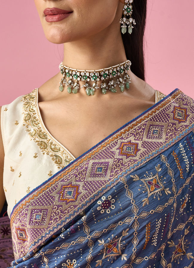 Mohey Women Grey Silk Saree with Stone Work
