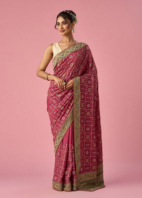 Mohey Women Pink Art Silk Saree with Stone and Thread Work
