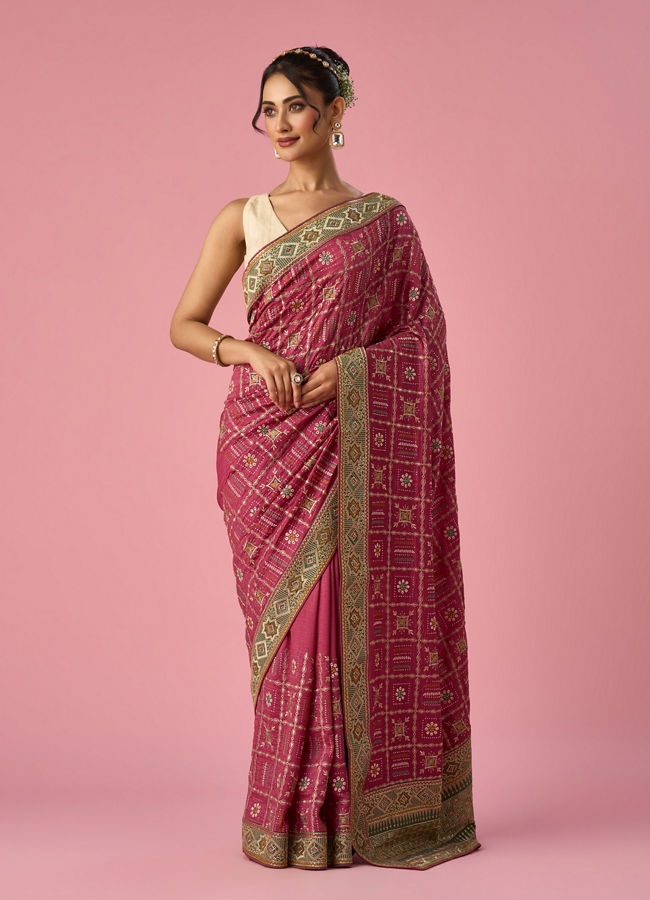 Mohey Women Pink Art Silk Saree with Stone and Thread Work