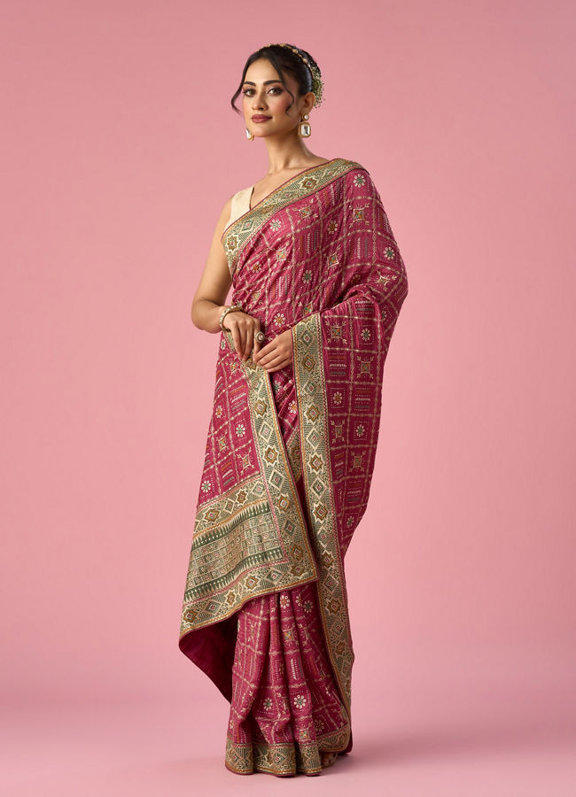 Mohey Women Pink Art Silk Saree with Stone and Thread Work