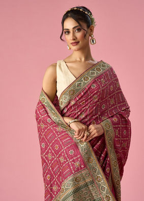 Mohey Women Pink Art Silk Saree with Stone and Thread Work