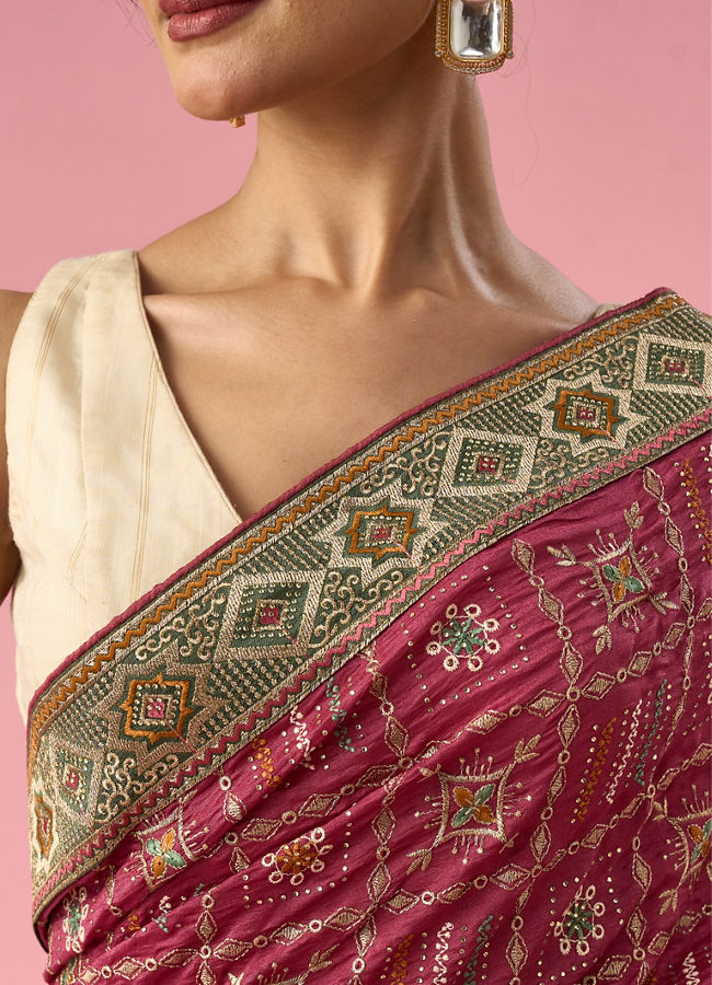 Mohey Women Pink Art Silk Saree with Stone and Thread Work