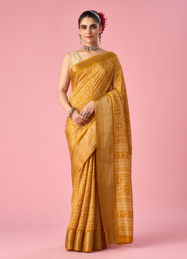 Mohey Women Mustard Yellow Art Silk Saree with Print