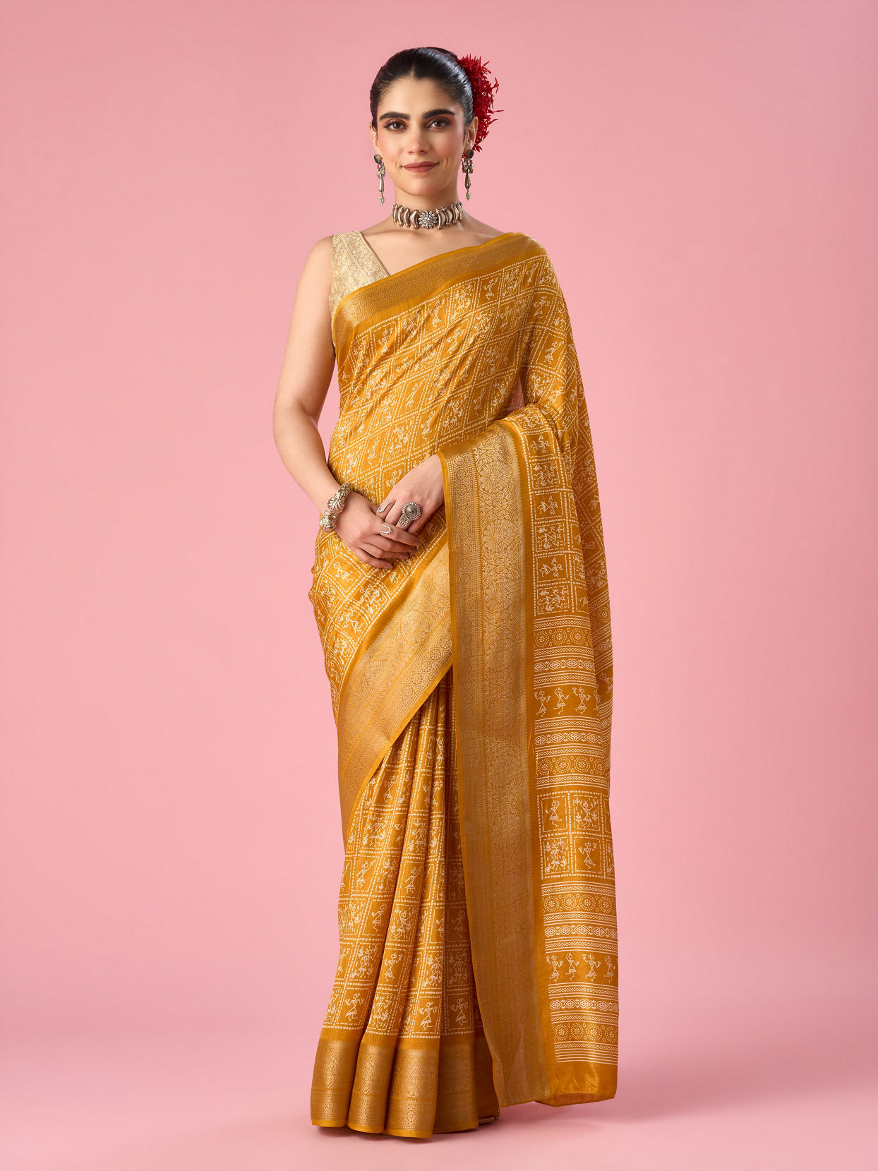 Mohey Women Mustard Yellow Art Silk Saree with Print