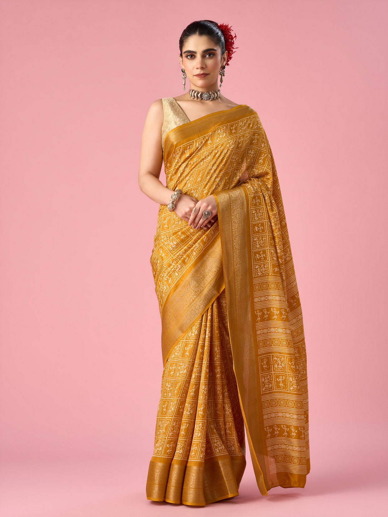 Mohey Women Mustard Yellow Art Silk Saree with Print