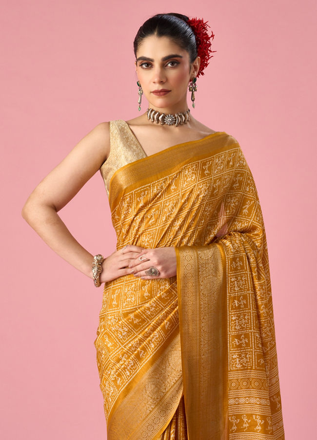 Mohey Women Mustard Yellow Art Silk Saree with Print