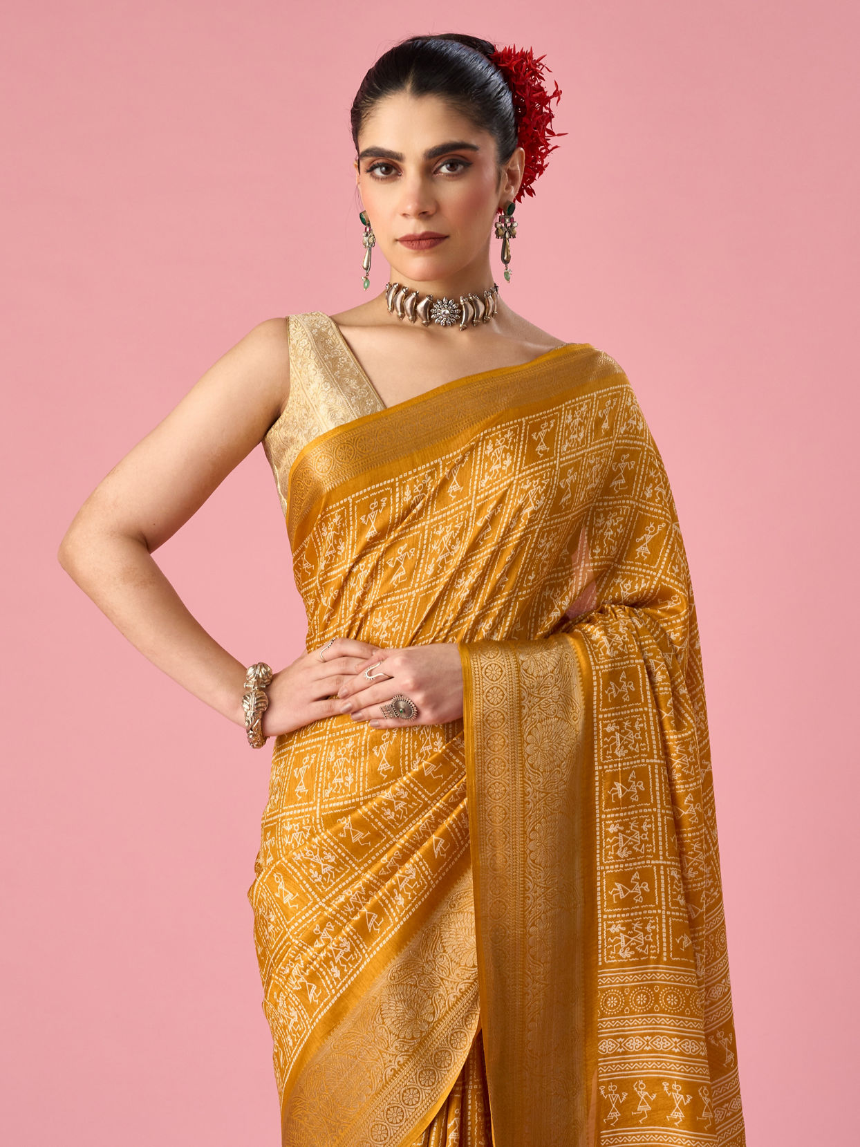 Mohey Women Mustard Yellow Art Silk Saree with Print