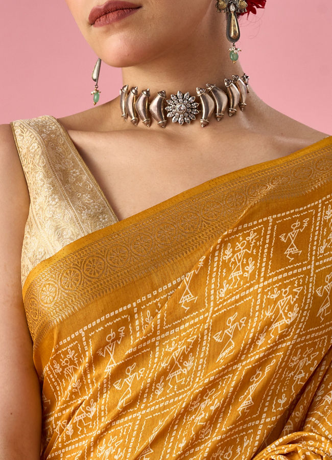 Mohey Women Mustard Yellow Art Silk Saree with Print