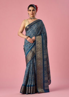 Mohey Women Indigo Blue Art Silk Saree with Gold Print