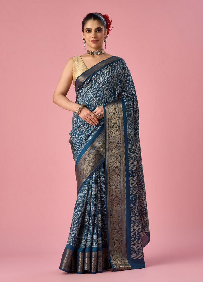 Mohey Women Indigo Blue Art Silk Saree with Gold Print