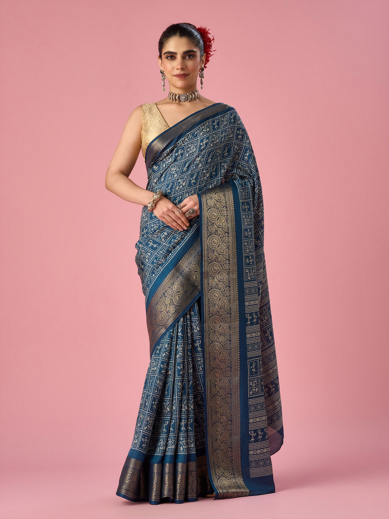 Mohey Women Indigo Blue Art Silk Saree with Gold Print
