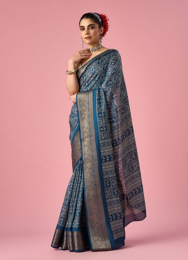 Mohey Women Indigo Blue Art Silk Saree with Gold Print