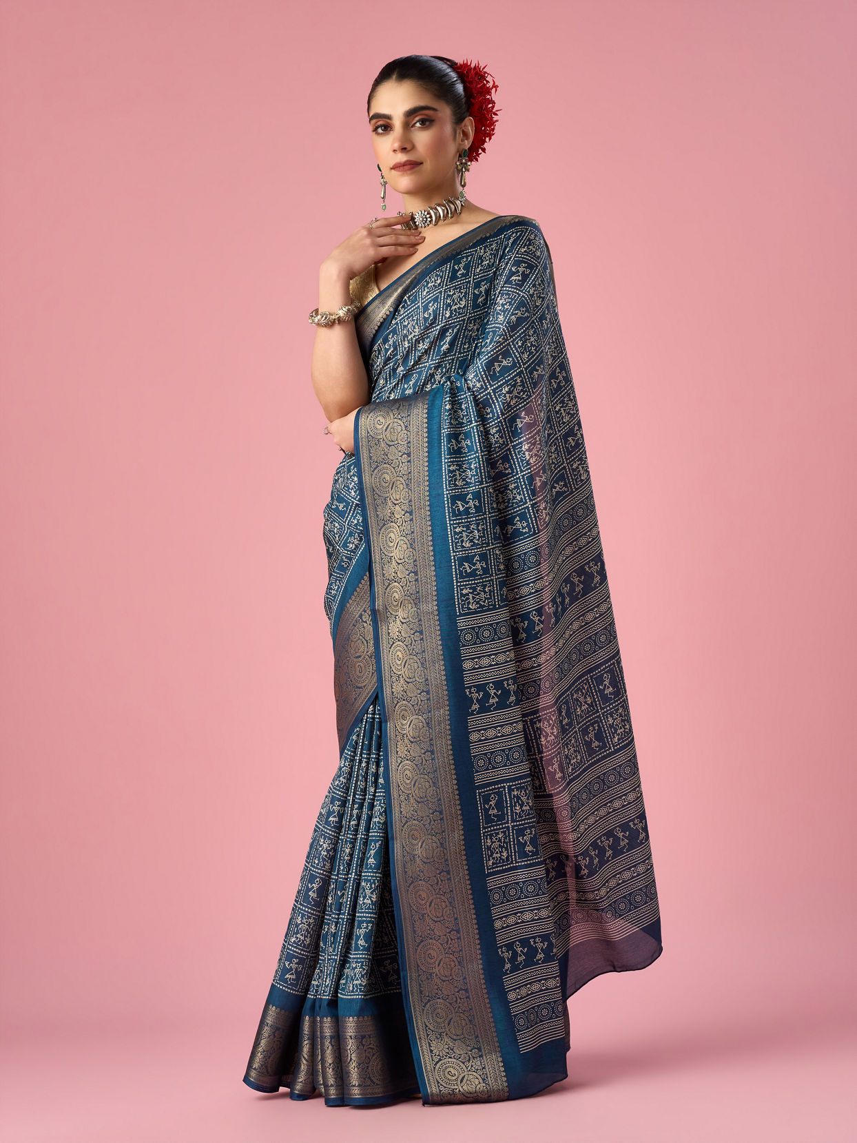 Mohey Women Indigo Blue Art Silk Saree with Gold Print