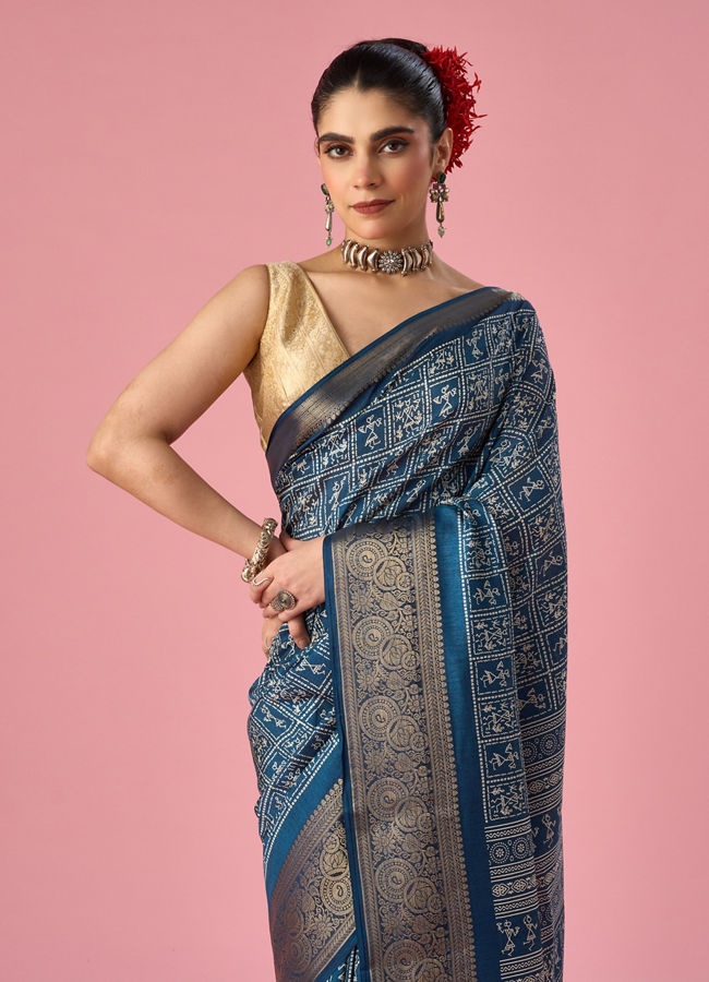 Mohey Women Indigo Blue Art Silk Saree with Gold Print
