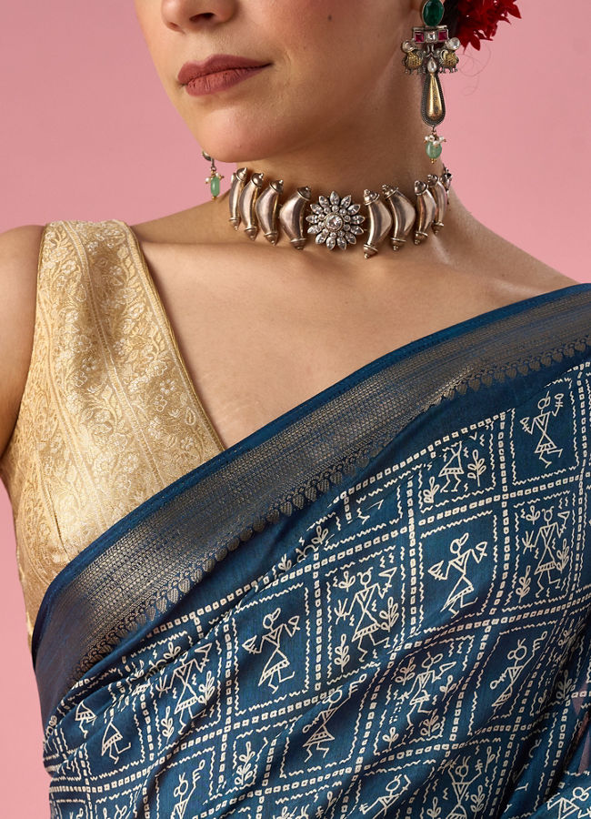 Mohey Women Indigo Blue Art Silk Saree with Gold Print