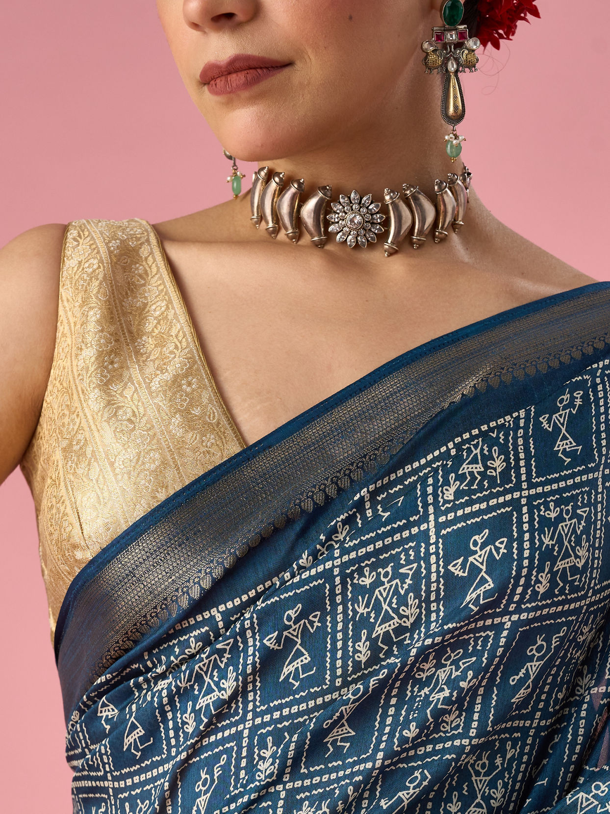 Mohey Women Indigo Blue Art Silk Saree with Gold Print