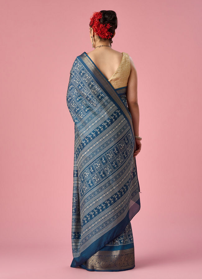 Mohey Women Indigo Blue Art Silk Saree with Gold Print