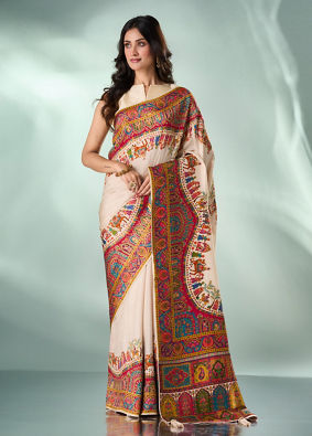 Mohey Women Cream Art Silk Saree with Weave Design