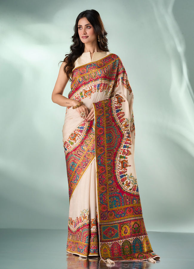 Mohey Women Cream Art Silk Saree with Weave Design