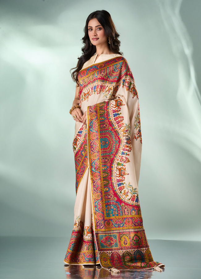 Mohey Women Cream Art Silk Saree with Weave Design