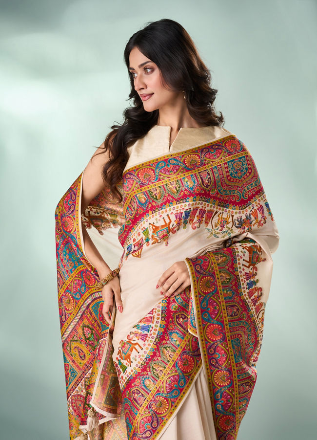 Mohey Women Cream Art Silk Saree with Weave Design