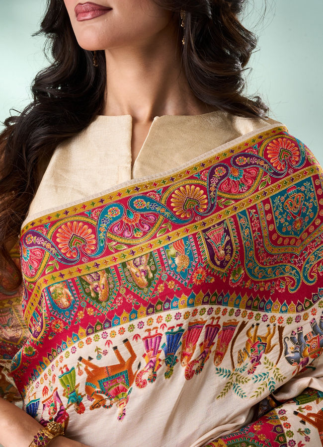 Mohey Women Cream Art Silk Saree with Weave Design