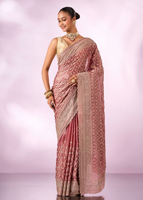 Mohey Women Pink Organza Saree with Stone Work