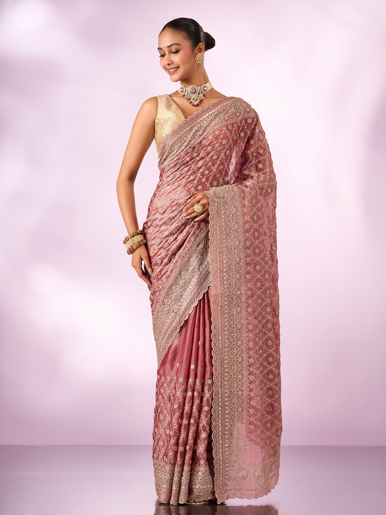 Mohey Women Pink Organza Saree with Stone Work