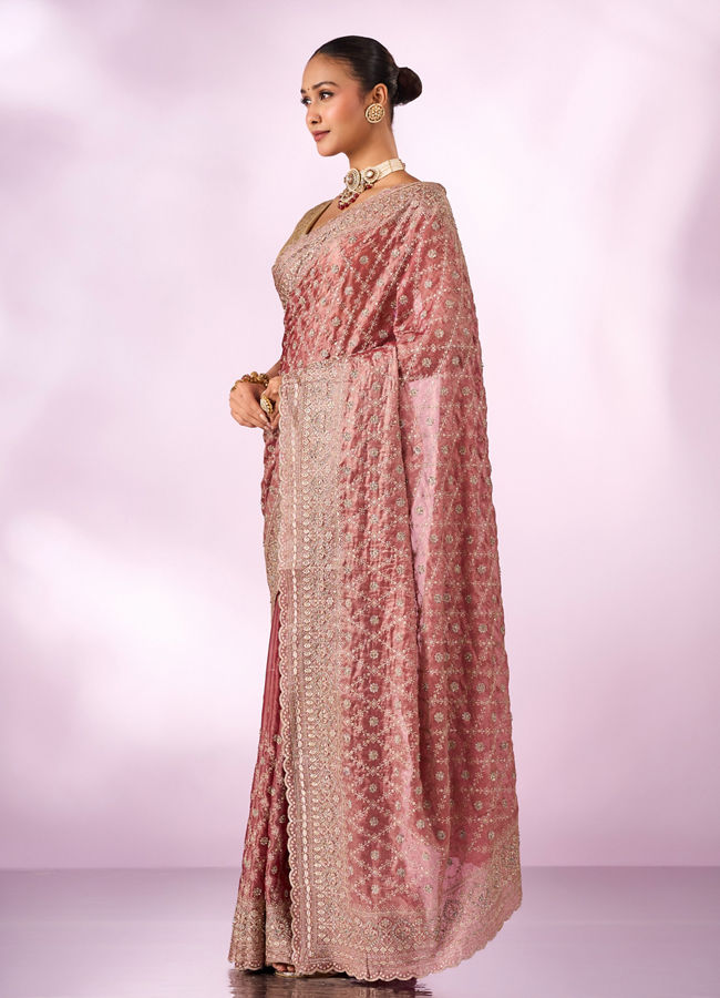 Mohey Women Pink Organza Saree with Stone Work