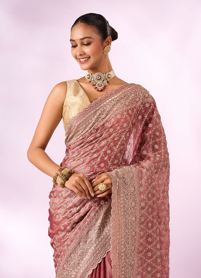 Mohey Women Pink Organza Saree with Stone Work