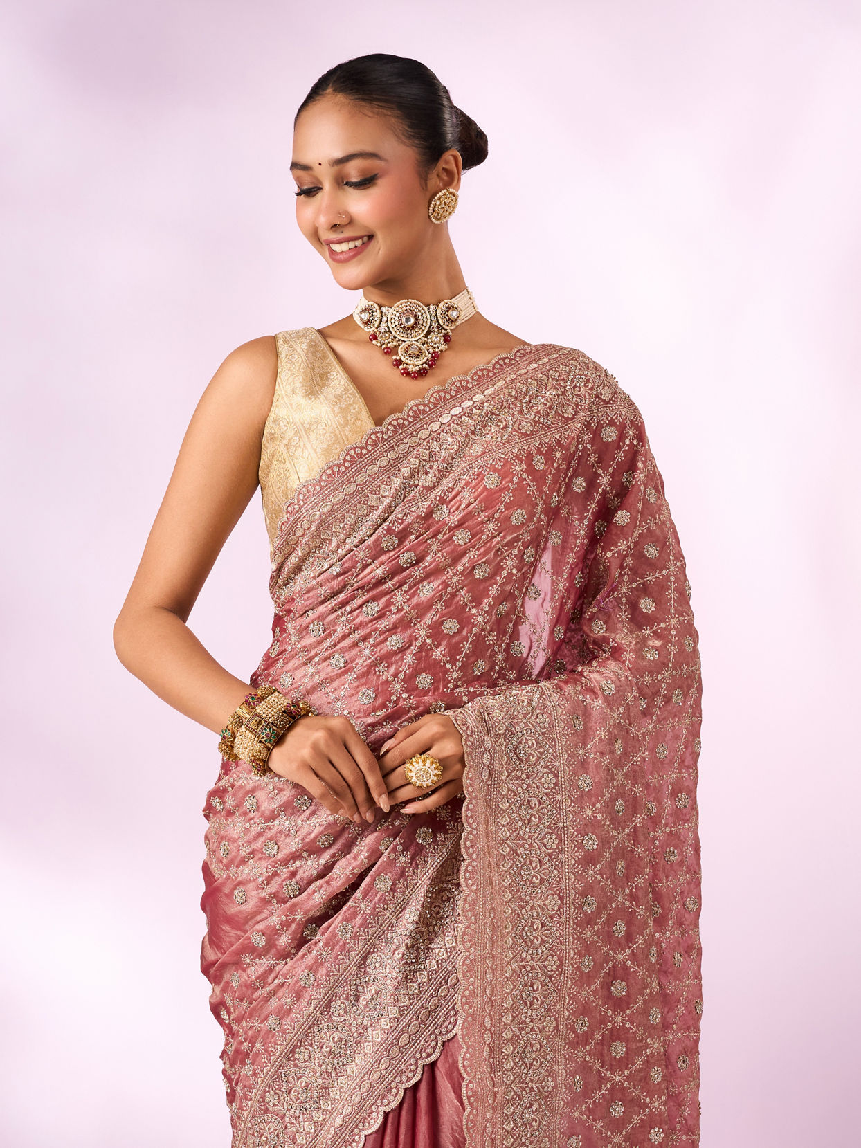 Mohey Women Pink Organza Saree with Stone Work