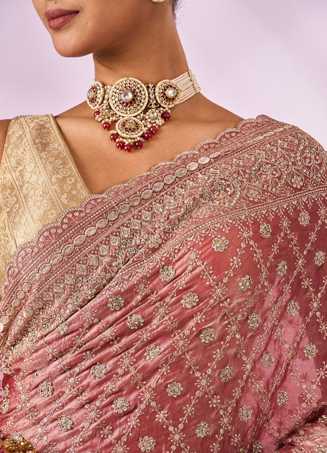 Mohey Women Pink Organza Saree with Stone Work