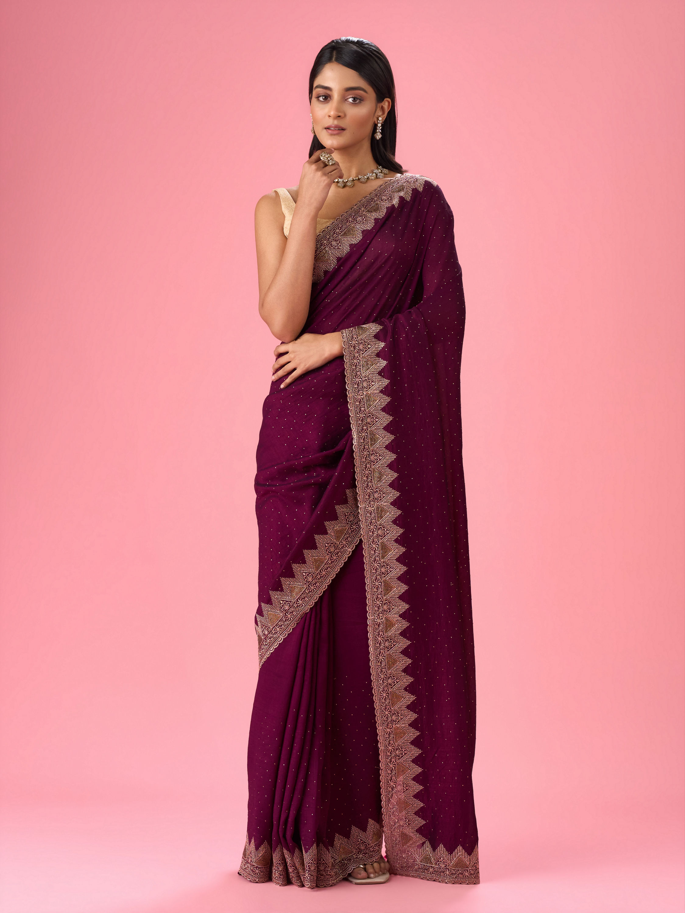 Mohey Women Wine Chinon Saree