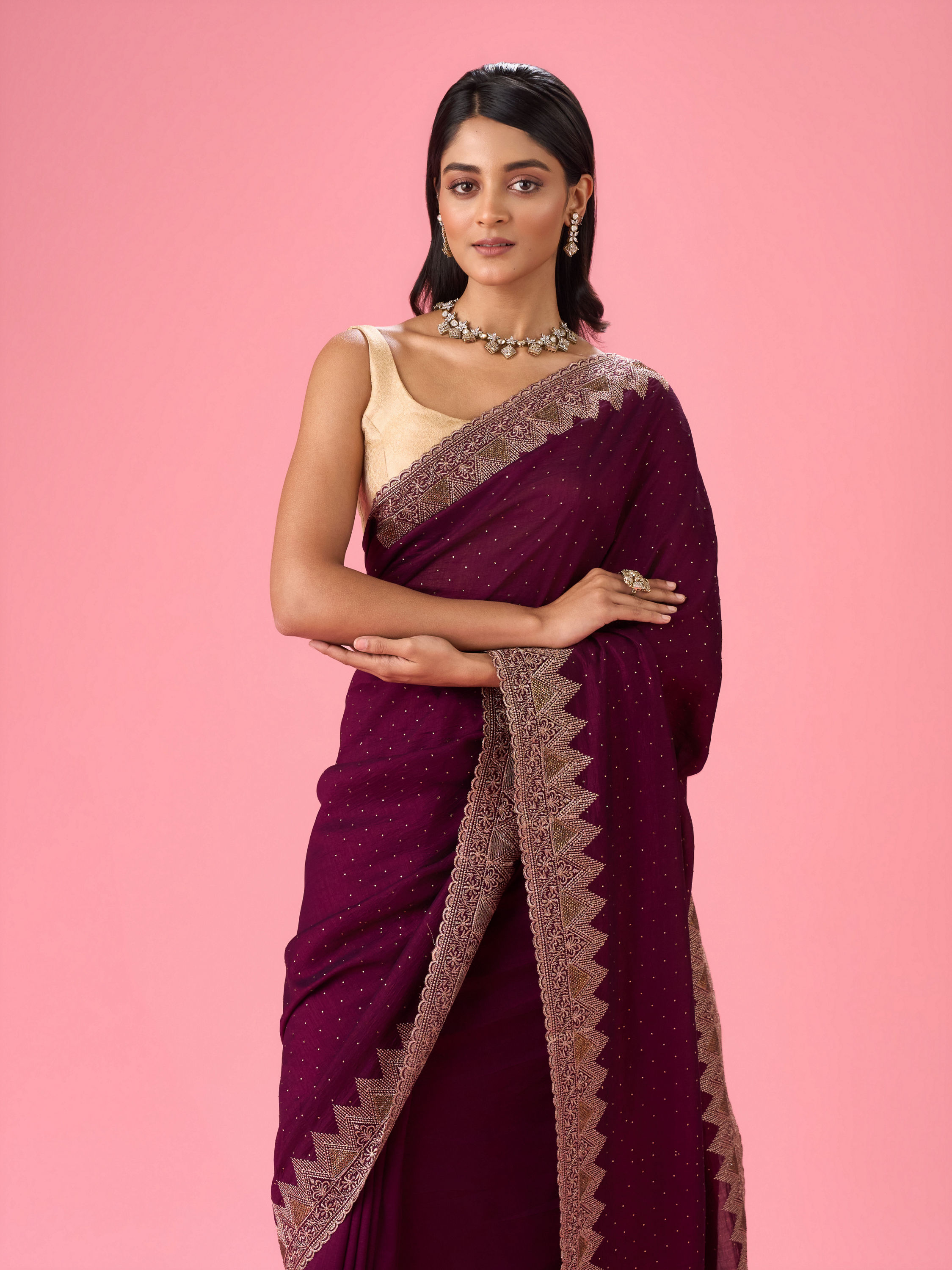 Mohey Women Wine Chinon Saree