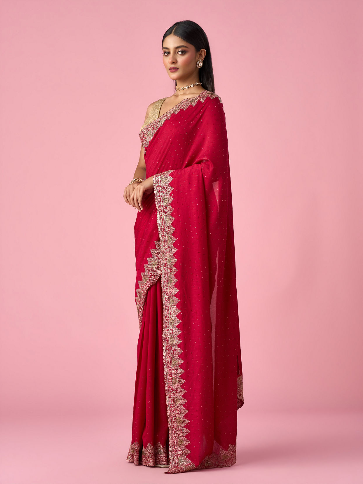 Mohey Women Pink Chinon Saree with Stone Work