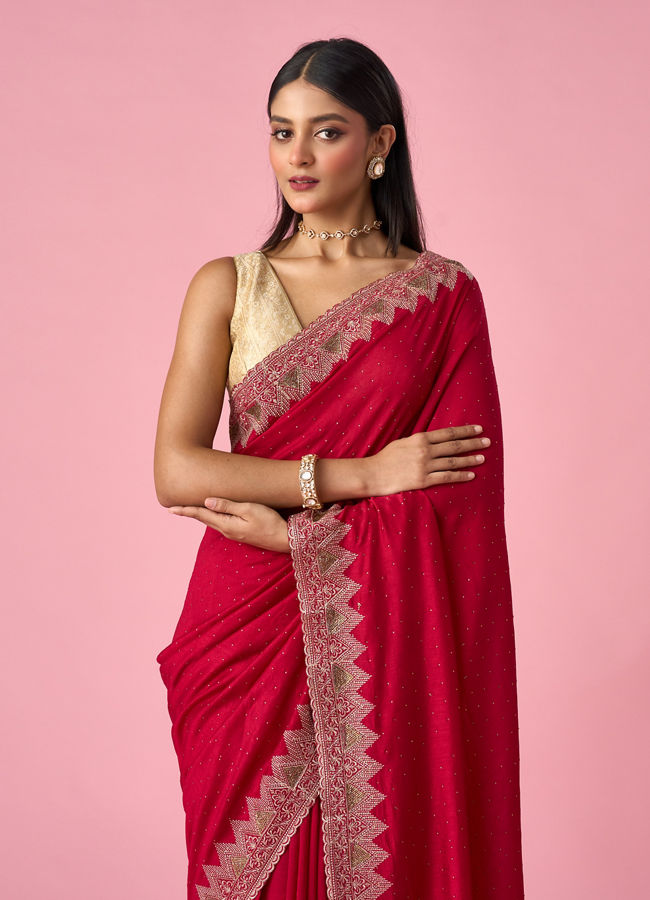 Mohey Women Pink Chinon Saree with Stone Work