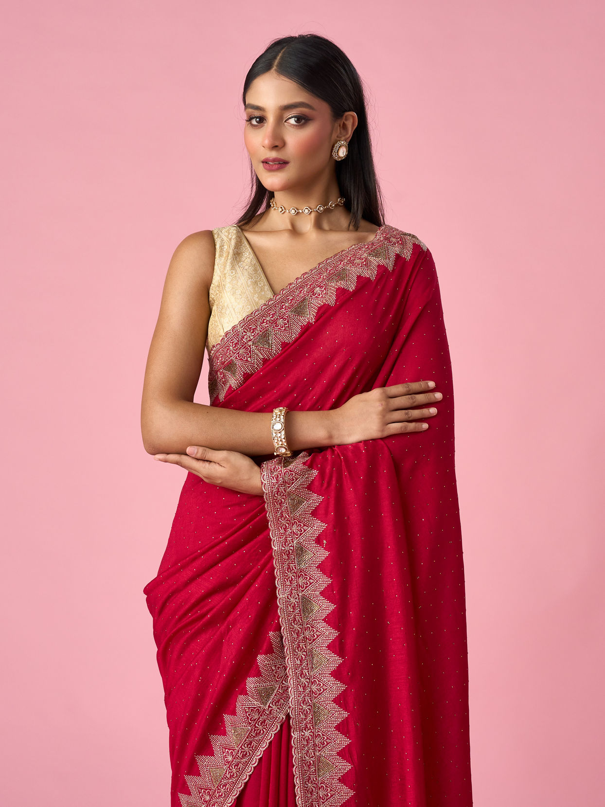 Mohey Women Pink Chinon Saree with Stone Work