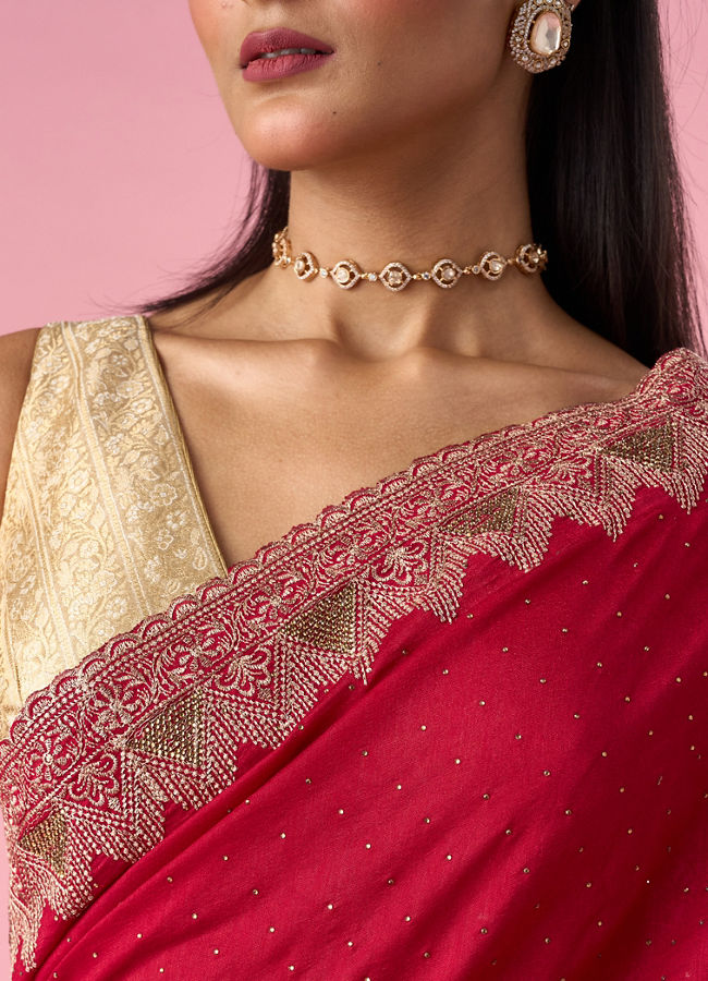 Mohey Women Pink Chinon Saree with Stone Work