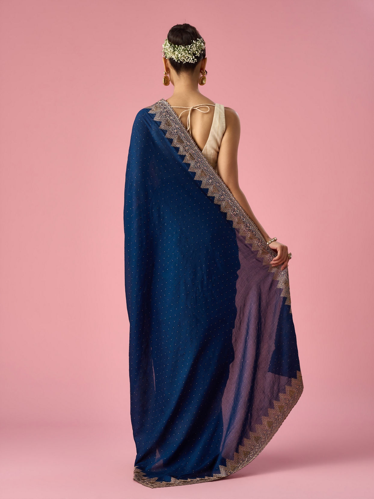 Mohey Women Blue Chinon Saree with Stone Work