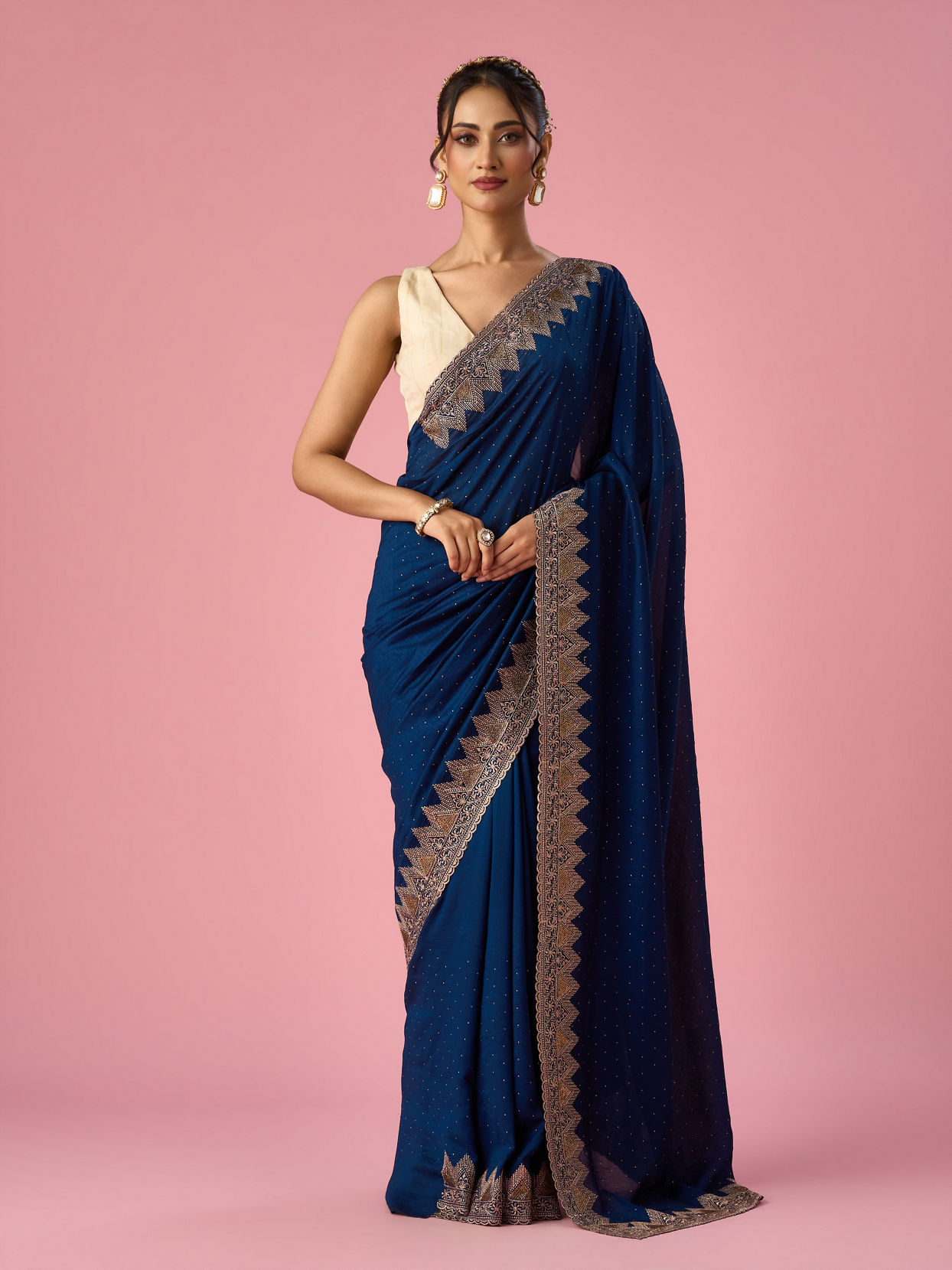 Mohey Women Blue Chinon Saree with Stone Work